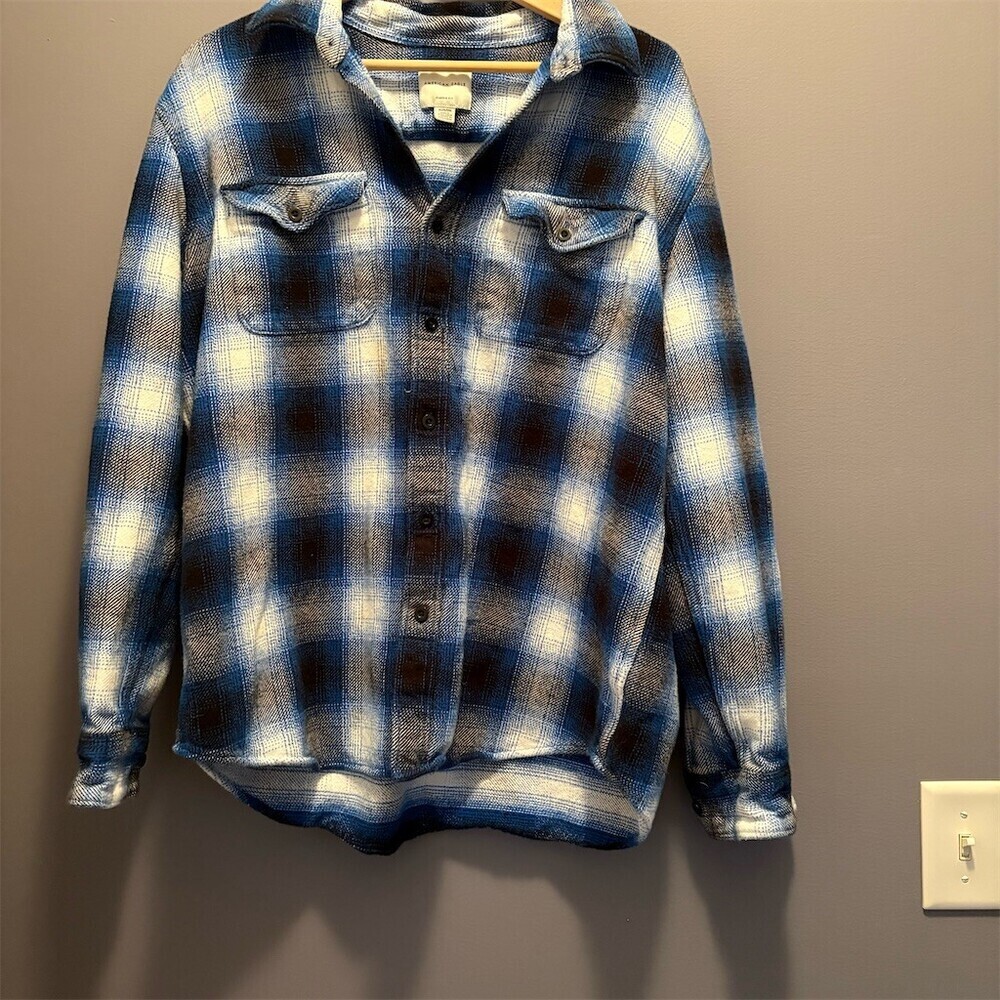 American Eagle Flannel Shirt Men's XL Blue Plaid Button Up Heavyweight